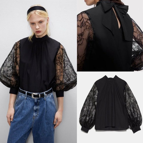 Zara Organza Sleeve Blouse Top Long Sleeve Back - Picture 2 of 7